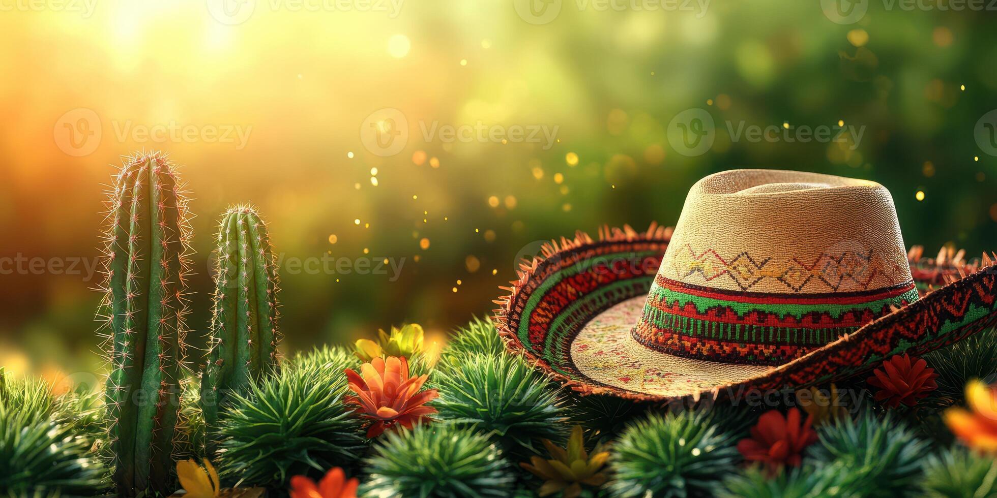 Colorful sombrero resting among vibrant flowers and cacti in sunlight during a warm afternoon photo