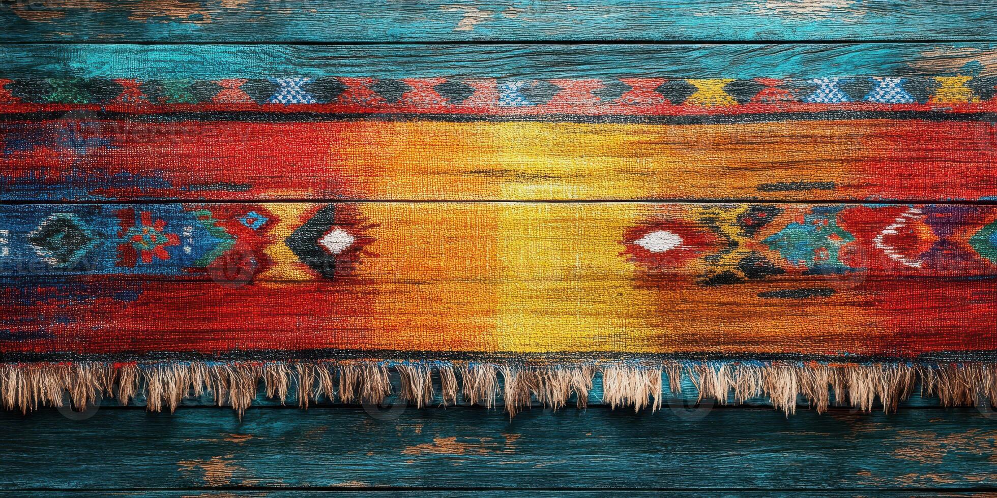 Vibrant handwoven textile displayed on rustic wooden surface showcasing intricate patterns and rich colors photo