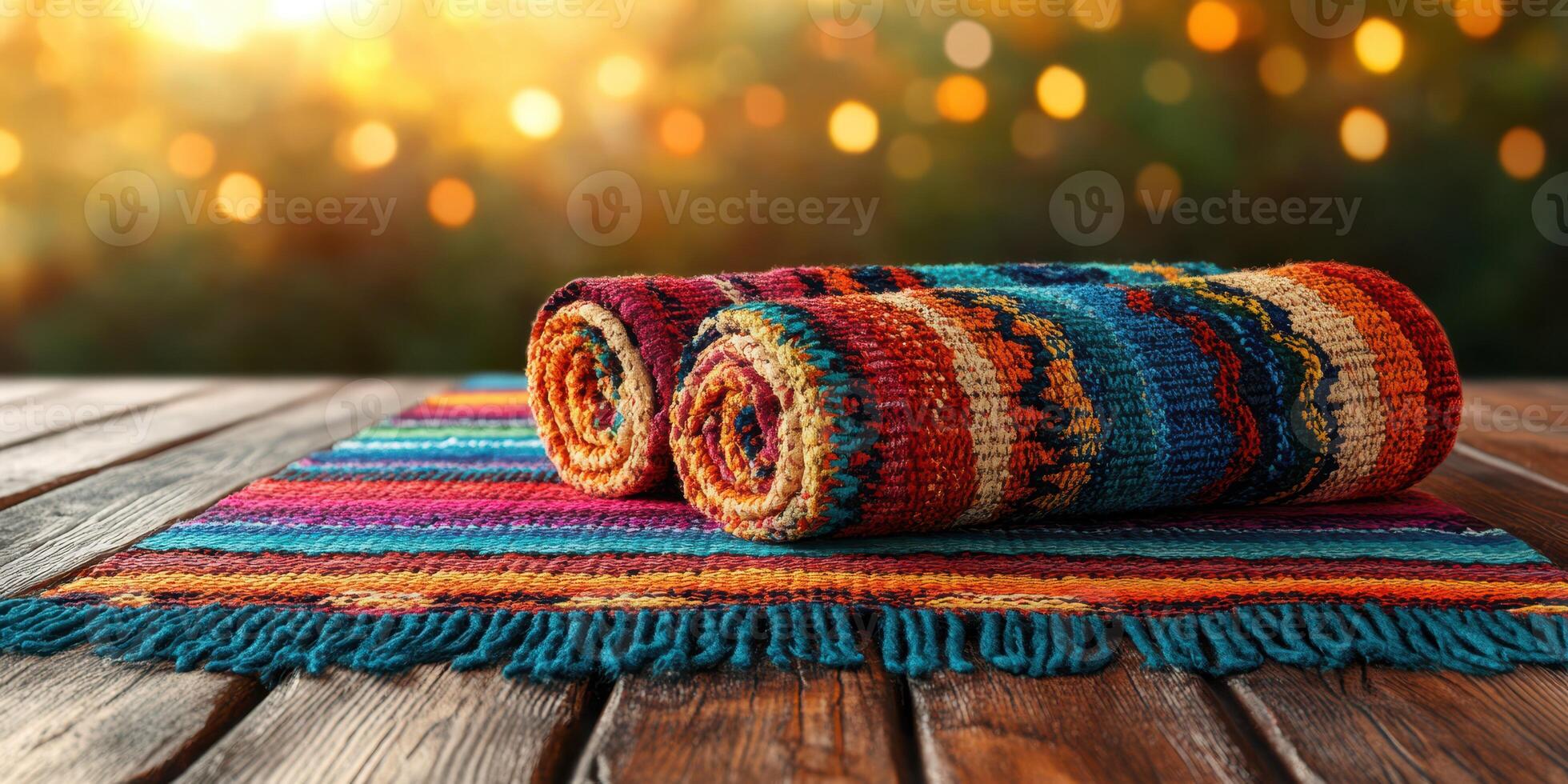 Colorful woven blankets resting on a wooden table in a warm, glowing outdoor setting during evening photo