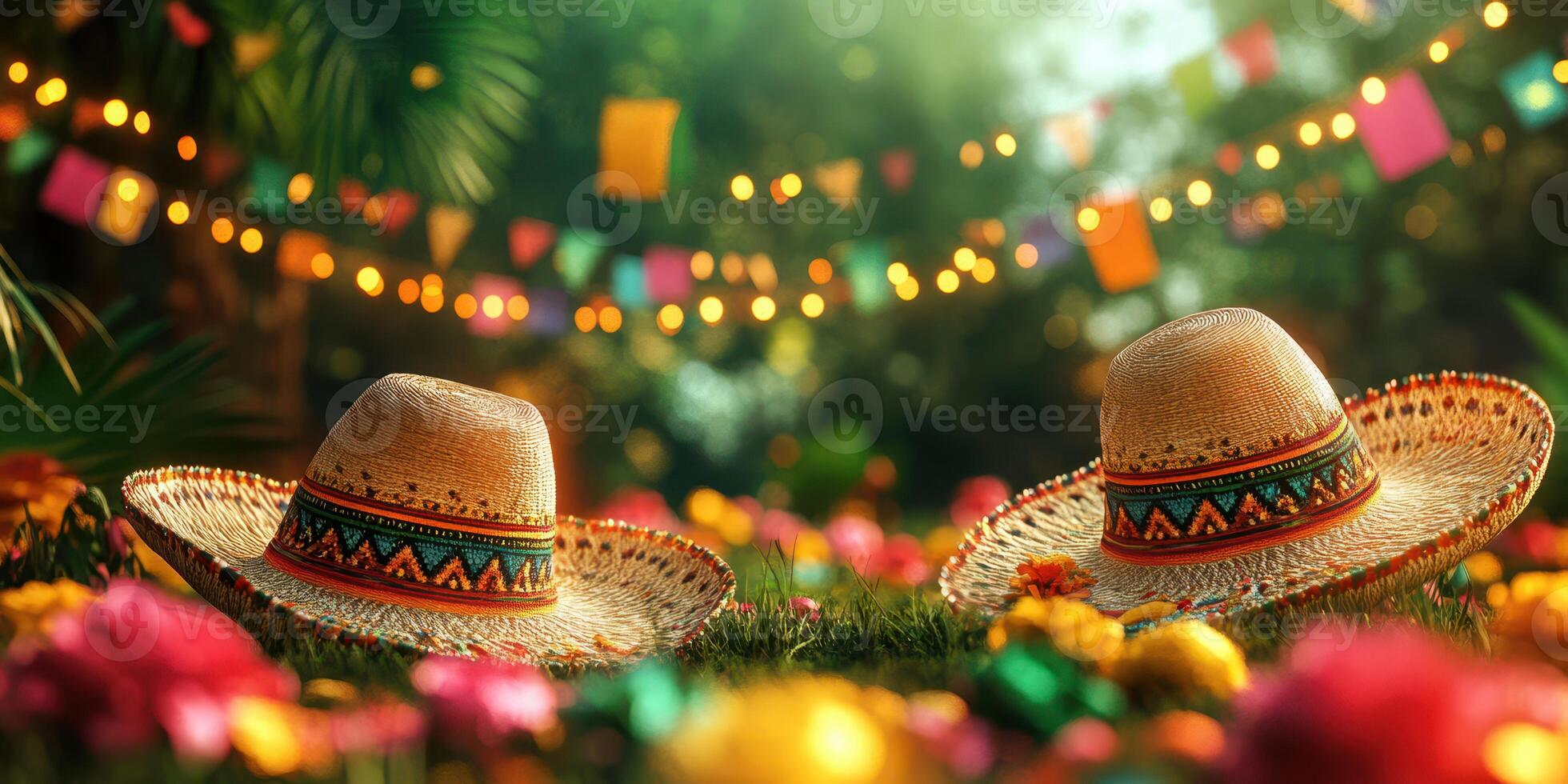 Colorful fiesta setting with vibrant flowers and traditional hats under string lights in a lush garden photo