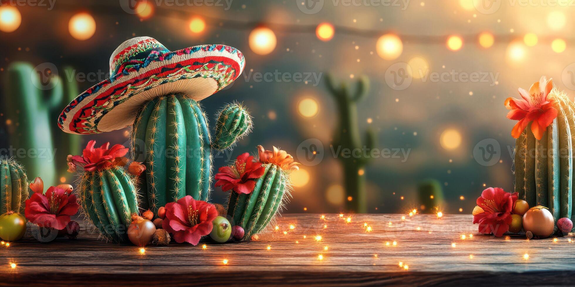 Colorful cactus arrangement with sombrero and flowers in a festive night setting photo