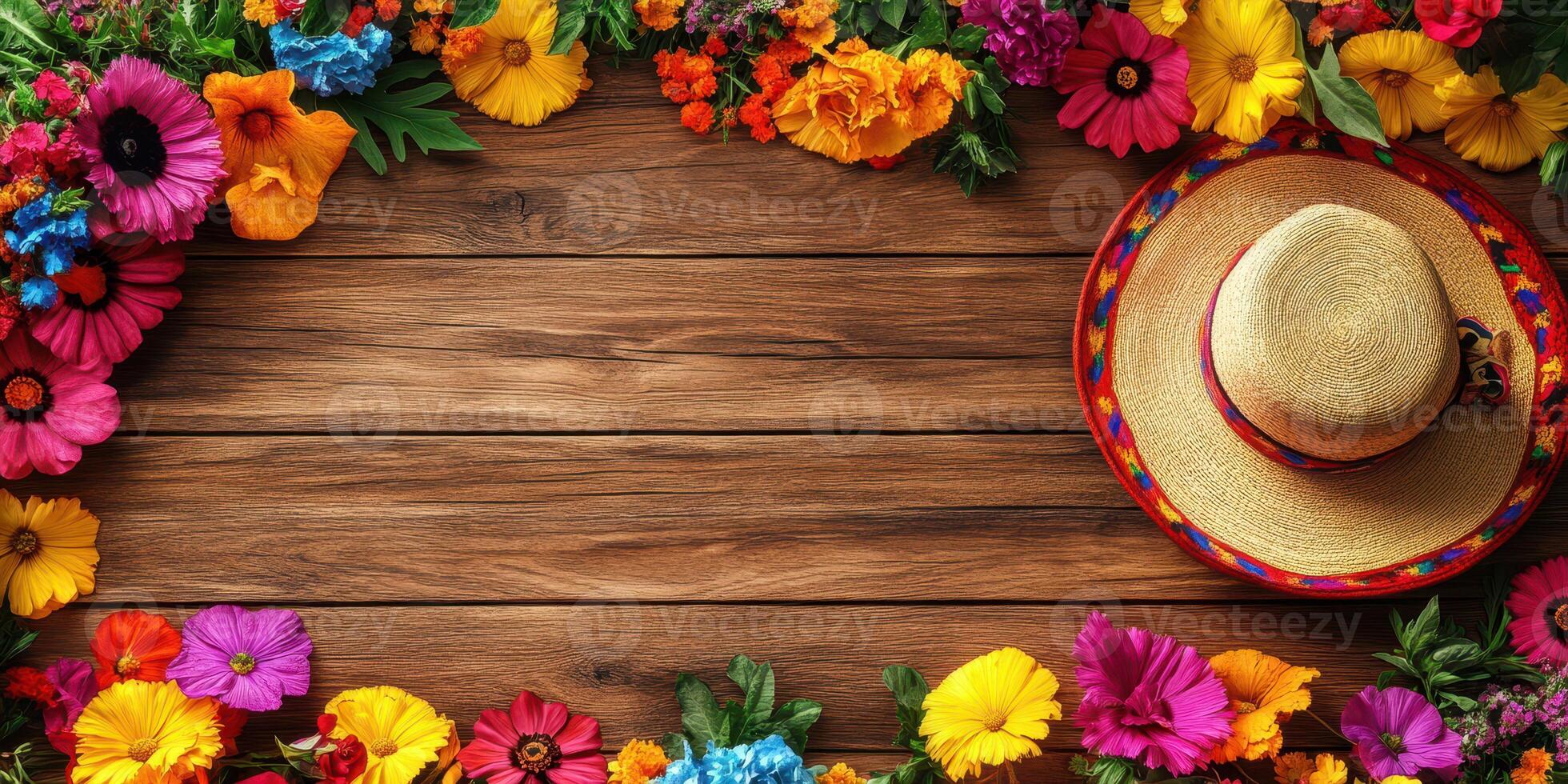 Colorful floral arrangement with straw hat on wooden table for festive celebration decor photo
