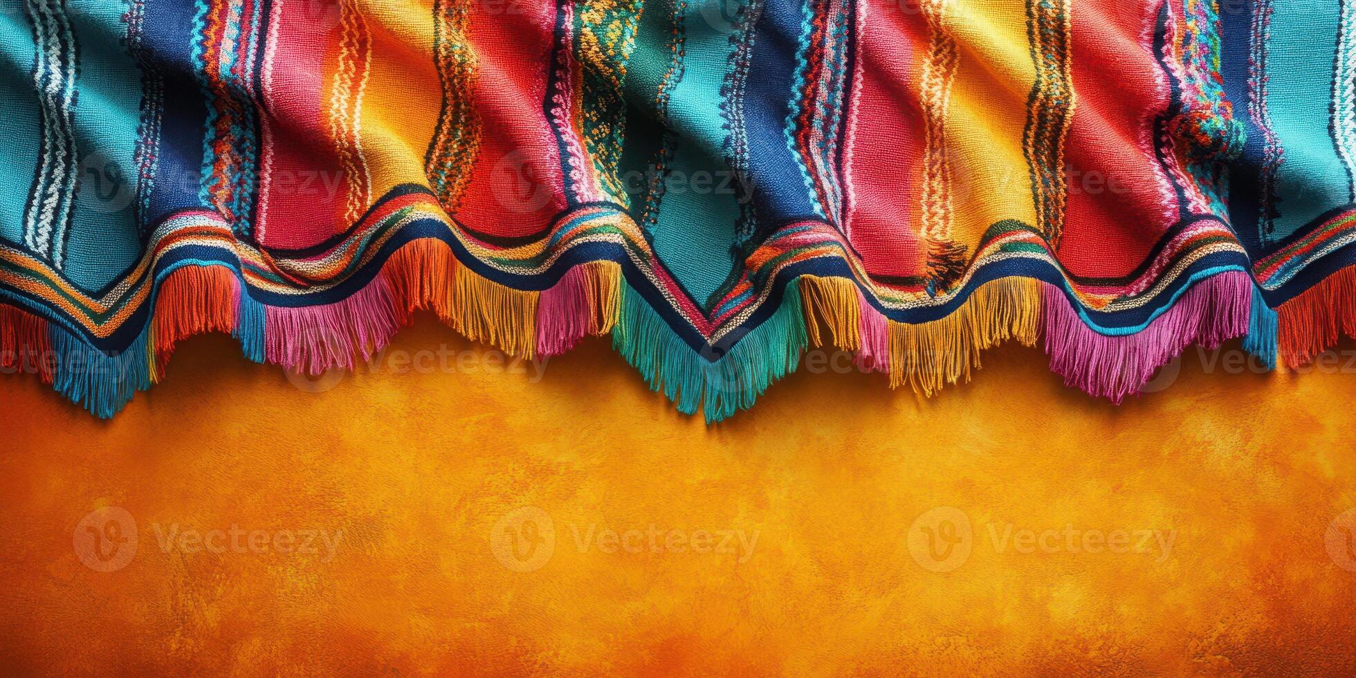 Colorful woven textile draped over a warm, textured surface in a vibrant setting showcasing intricate patterns photo