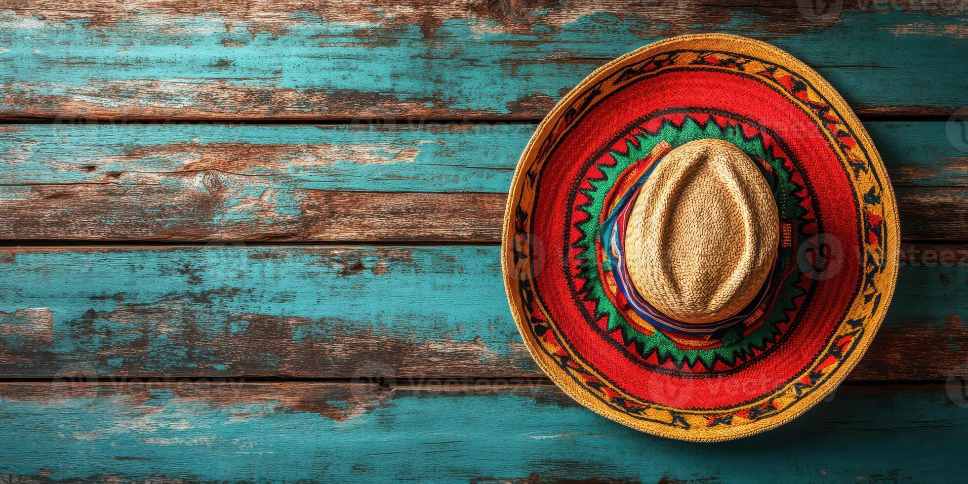 Colorful traditional hat displayed on rustic wooden table with vibrant turquoise finish photo