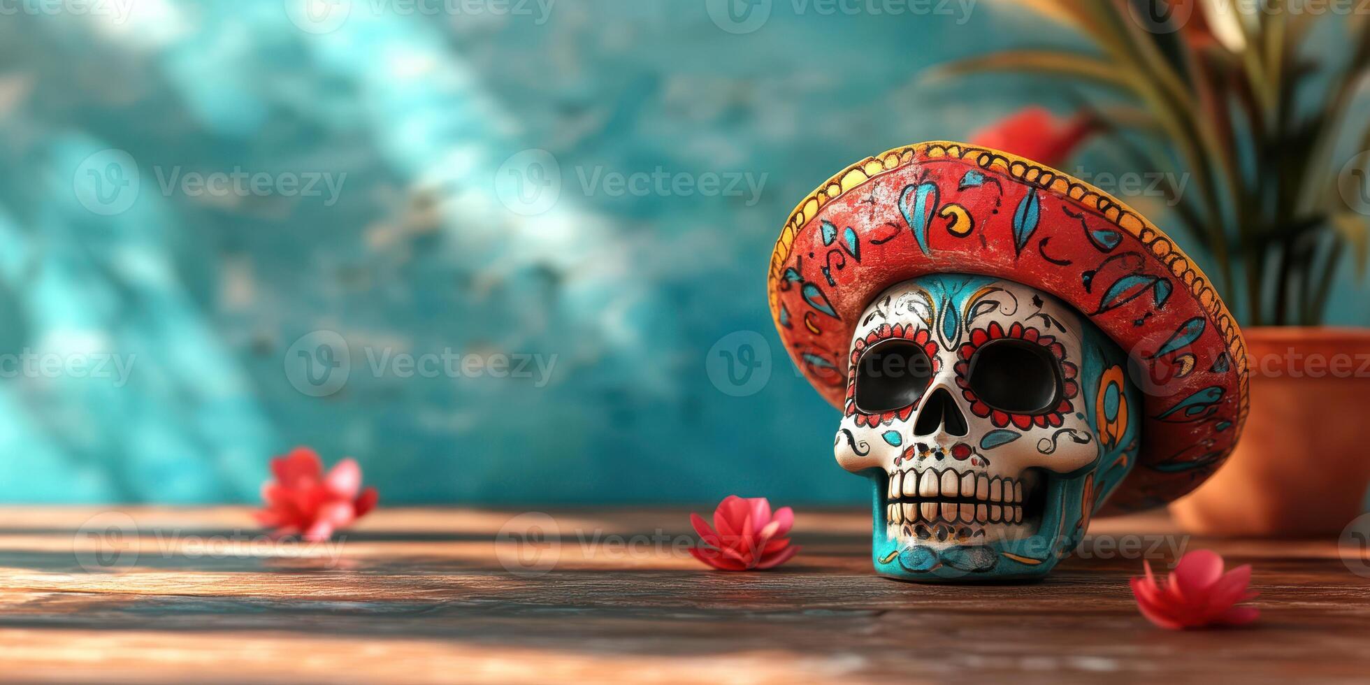 Colorful sugar skull decorated with flowers and sombrero on rustic wooden table photo