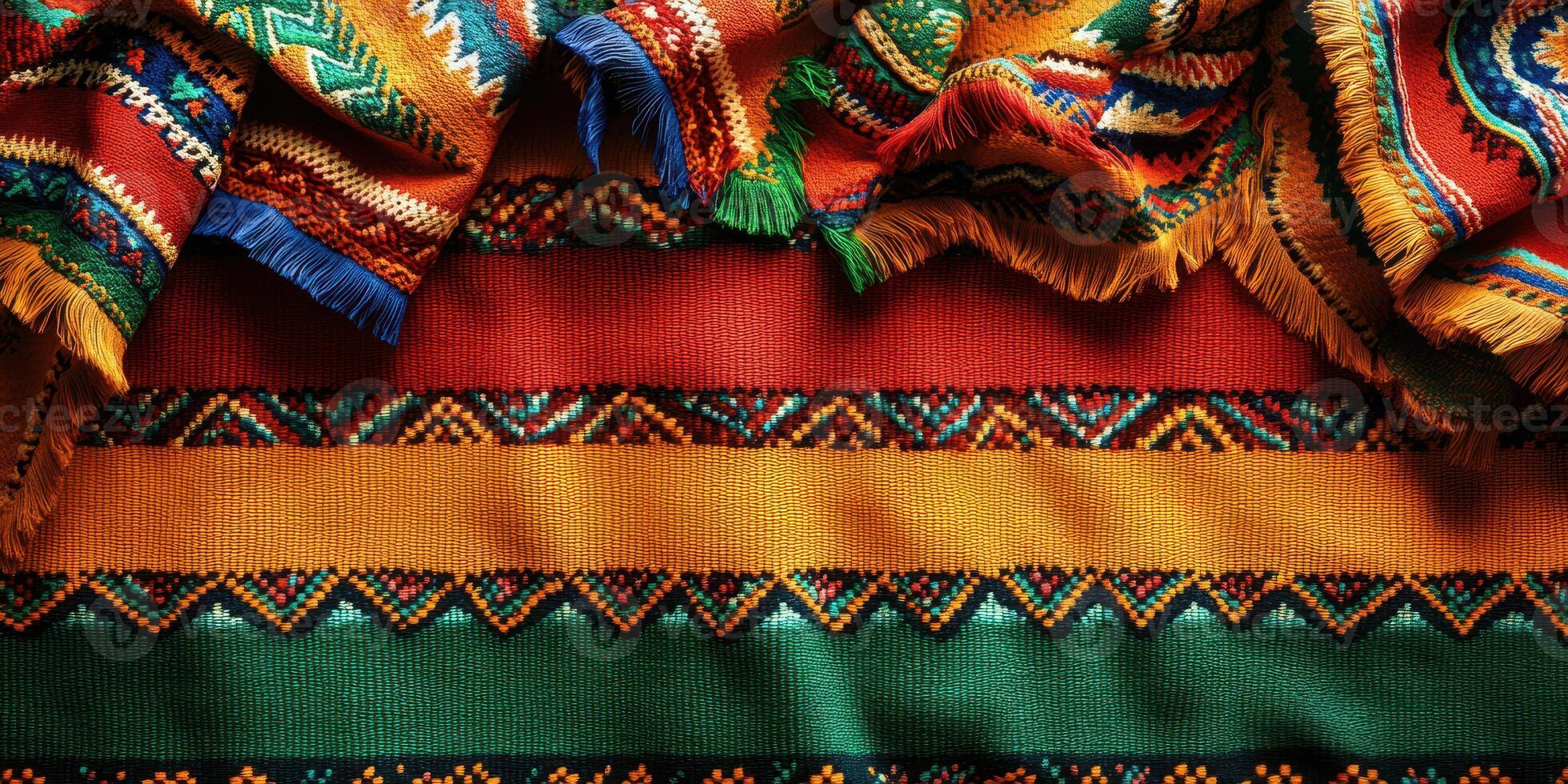 Colorful woven textiles displayed together showcase vibrant patterns and traditional craftsmanship from a cultural marketplace photo