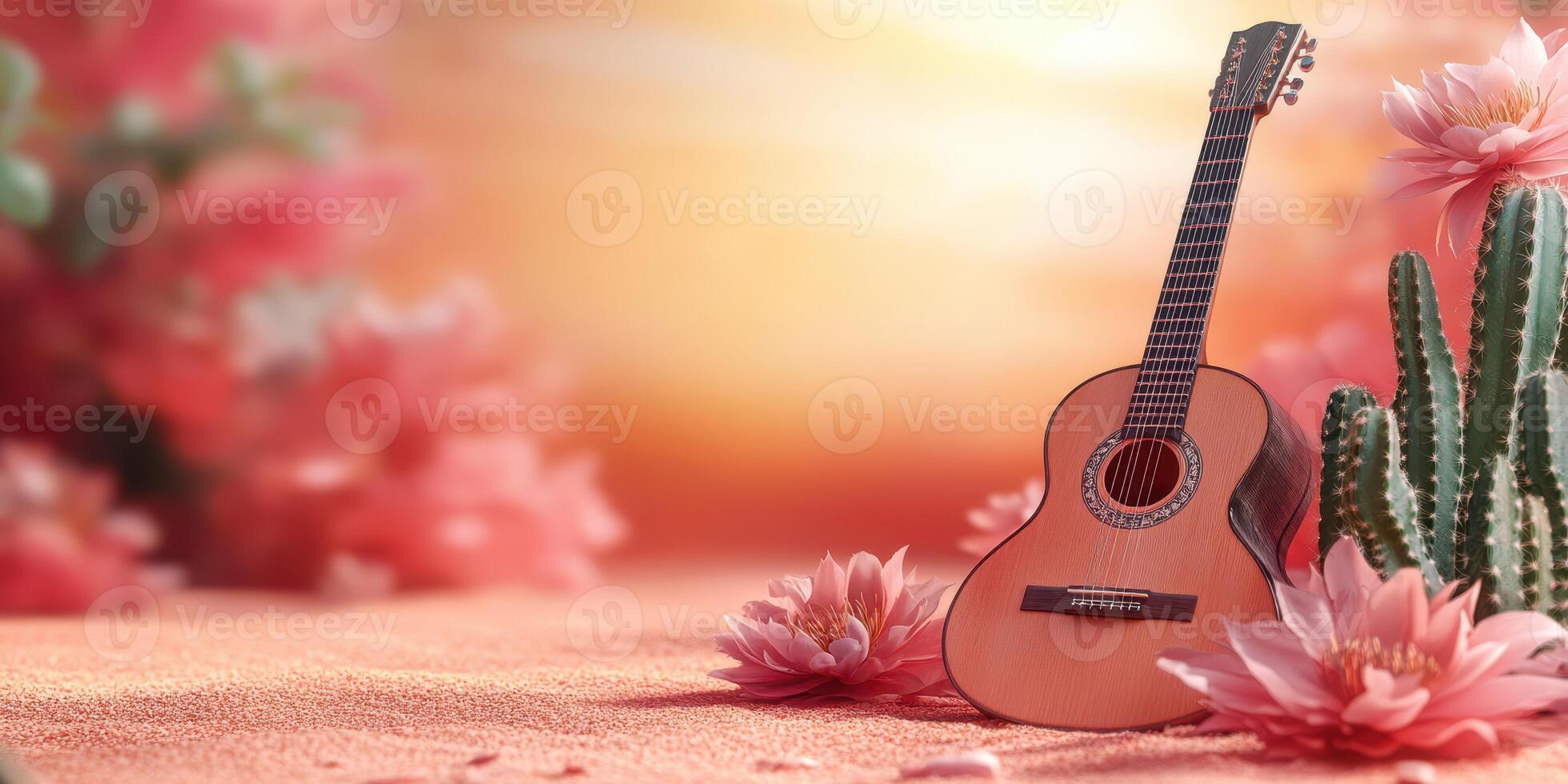 Guitar resting among flowers and cacti at sunset during a serene outdoor gathering photo