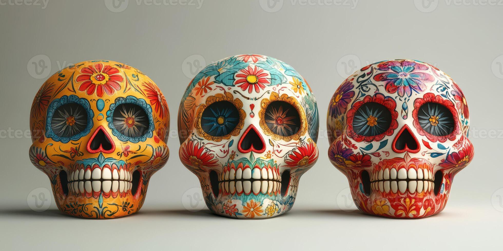 Colorful decorative skulls representing Day of the Dead tradition in a studio setting photo