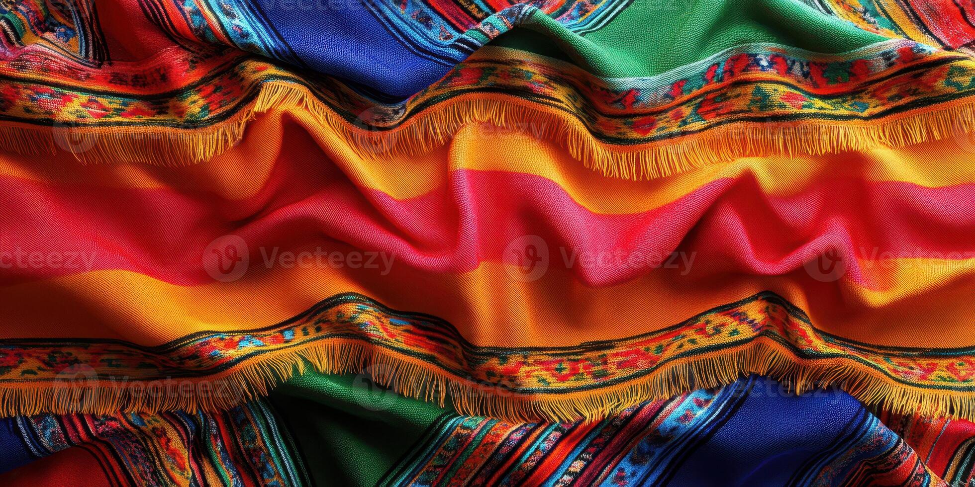 Vibrant textile showcasing intricate patterns and colors from traditional craftsmanship in a sunny marketplace photo