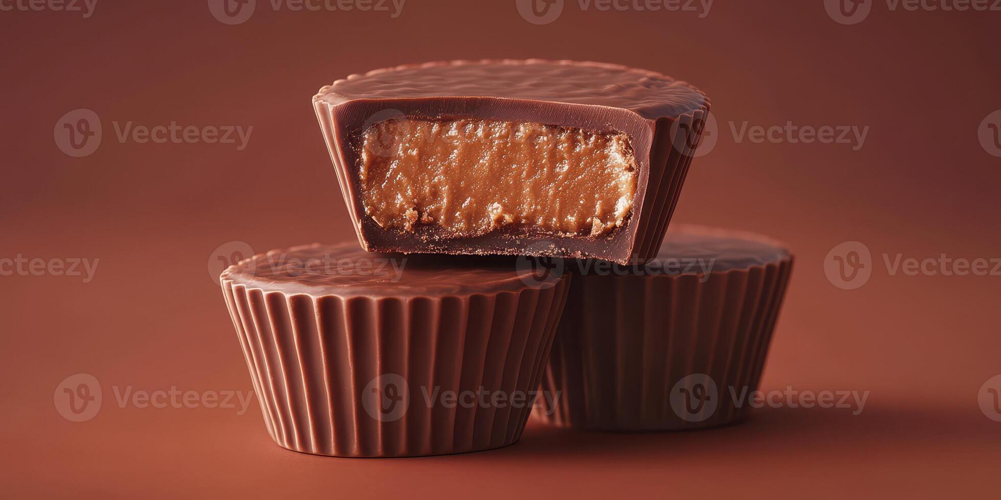 Delicious chocolate cups filled with creamy peanut butter arranged on a brown background photo