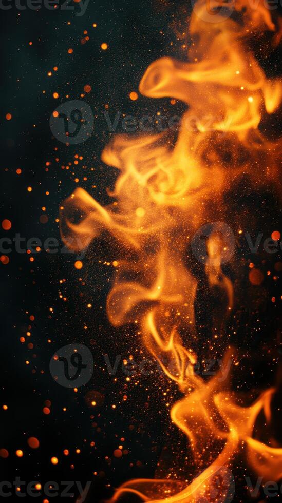 Dynamic flames dance in the dark, illuminating sparkles in an enchanting display of heat and light photo