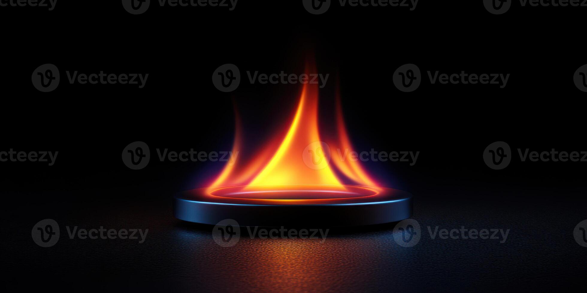Flames flicker on a metallic base creating a captivating visual display in darkness photo