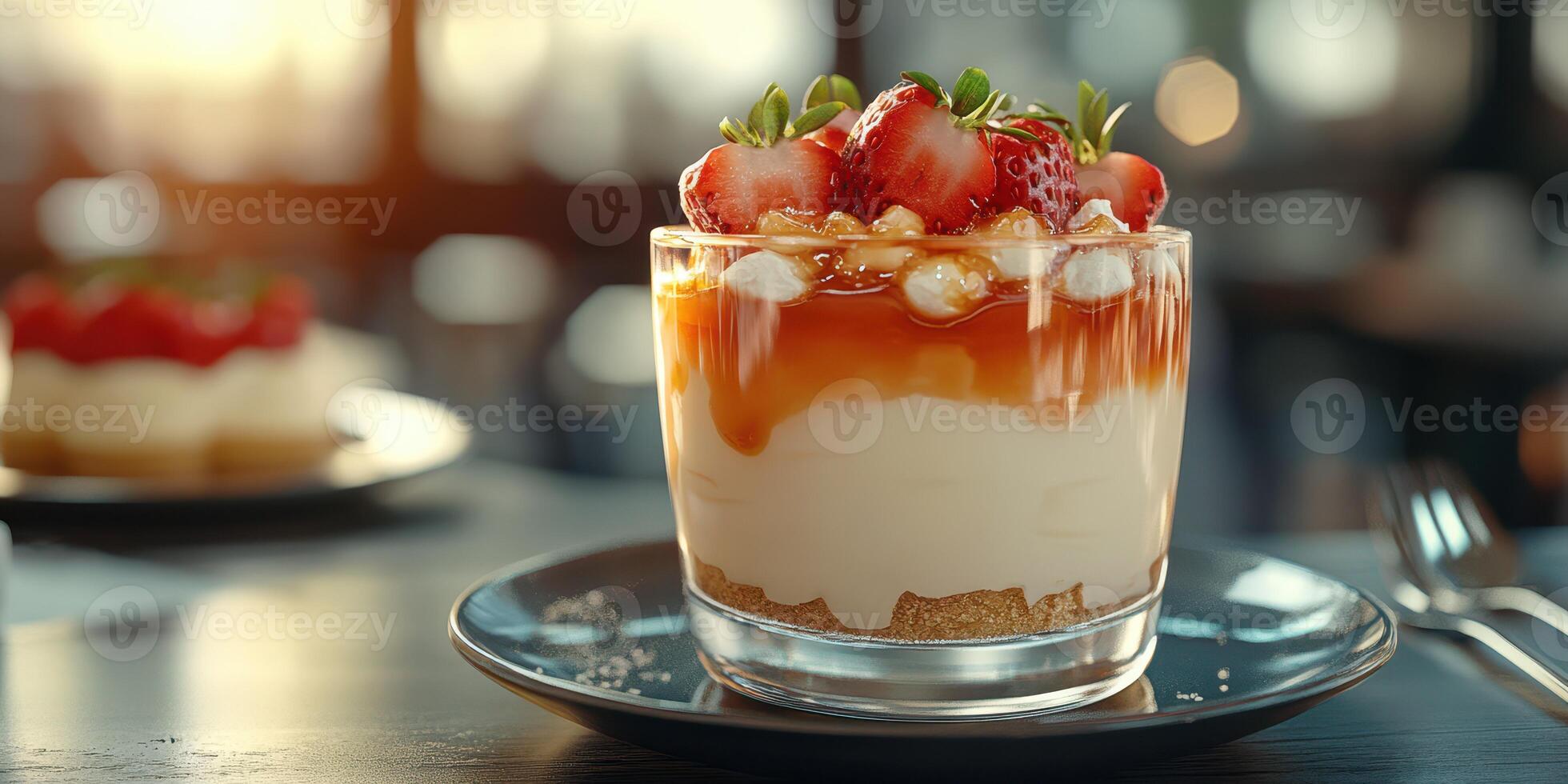 Delicious dessert featuring layers of cream, strawberries, and caramel in a cozy cafe setting during sunset hours photo