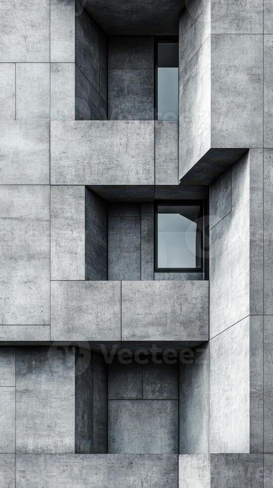 Modern architectural design featuring textured concrete surfaces and angular windows in urban setting photo
