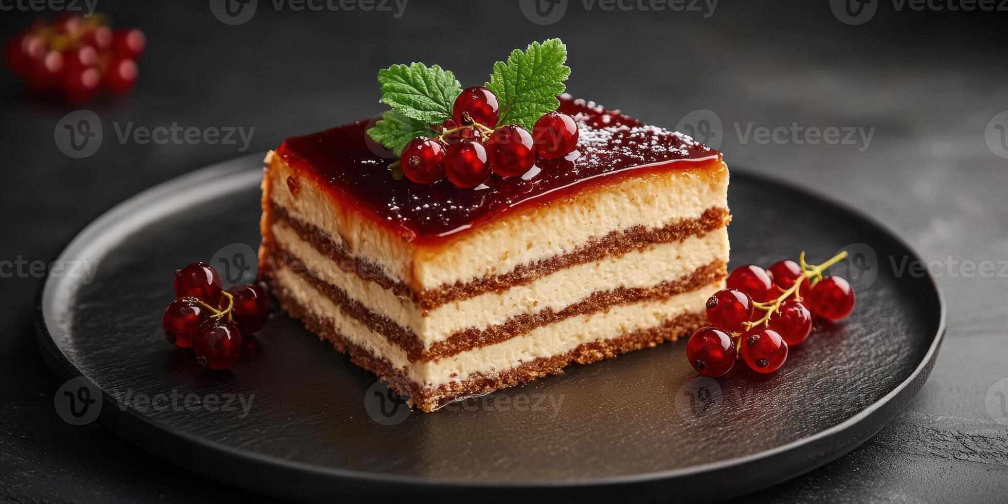 Delightful layered dessert with red currants and fresh mint served on a black plate in a simple setting photo