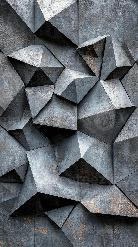 Intricate geometric patterns displayed on a textured gray concrete wall in an urban environment photo