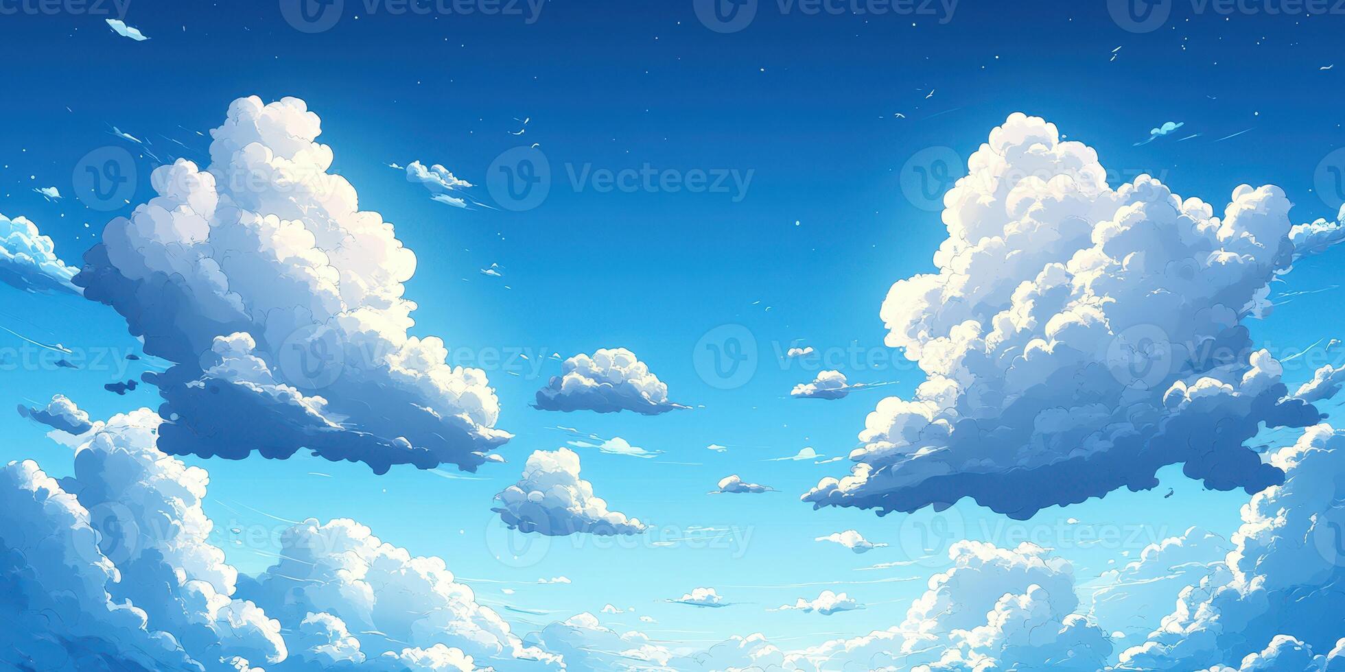 Majestic fluffy clouds in a bright blue sky over a serene landscape during midday photo