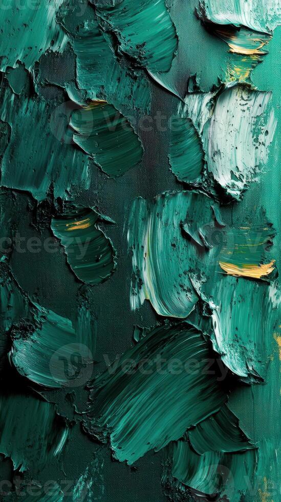 Textured green abstract painting with hints of gold, showcasing layered brush strokes and a rich color palette photo