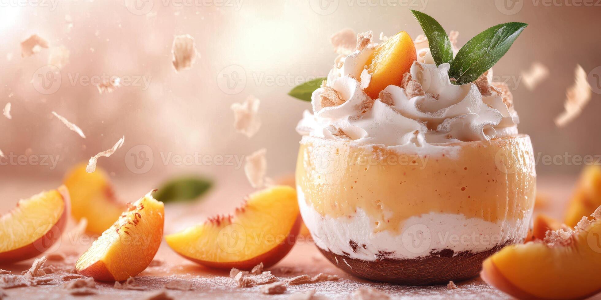 Delightful peach dessert served in a glass bowl with whipped cream and chocolate shavings at a warm kitchen setting photo