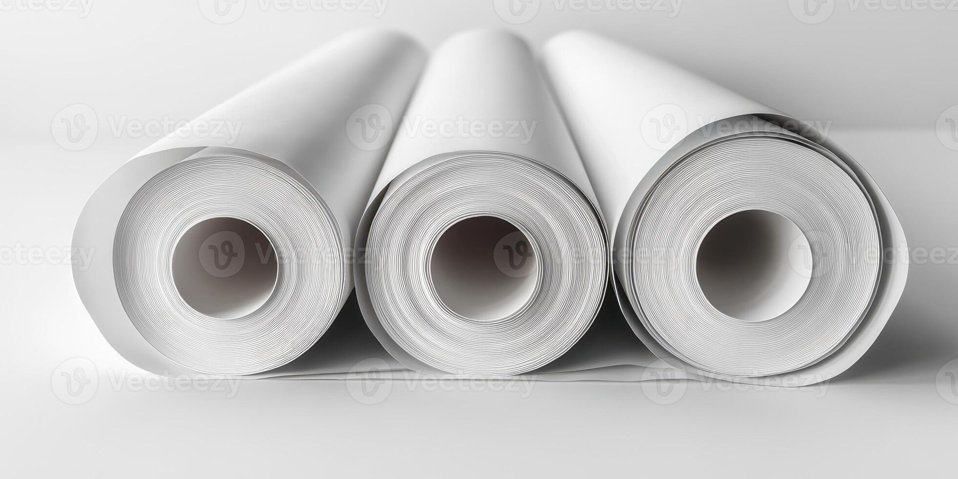 Rolls of blank paper arranged neatly on a shelf in a minimalist studio setting during daylight hours photo