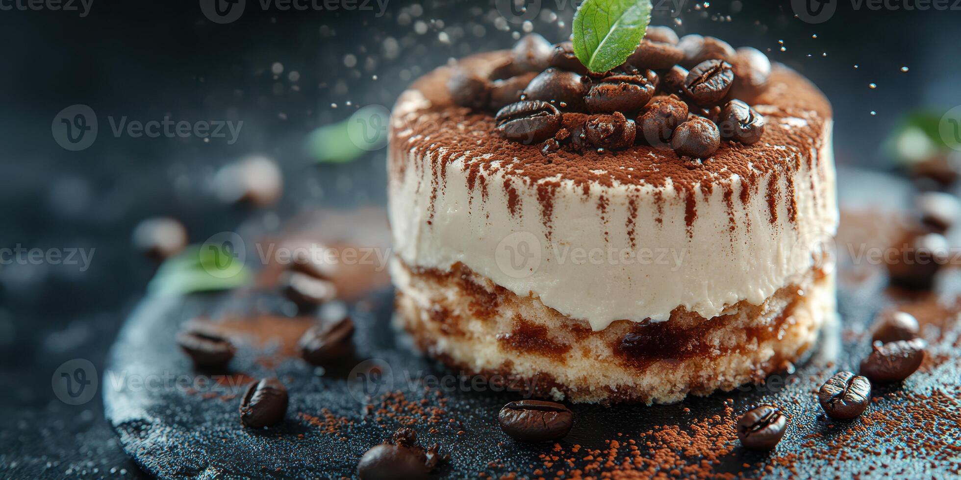 Delicious preparation of coffee-flavored dessert garnished with cocoa powder and coffee beans photo