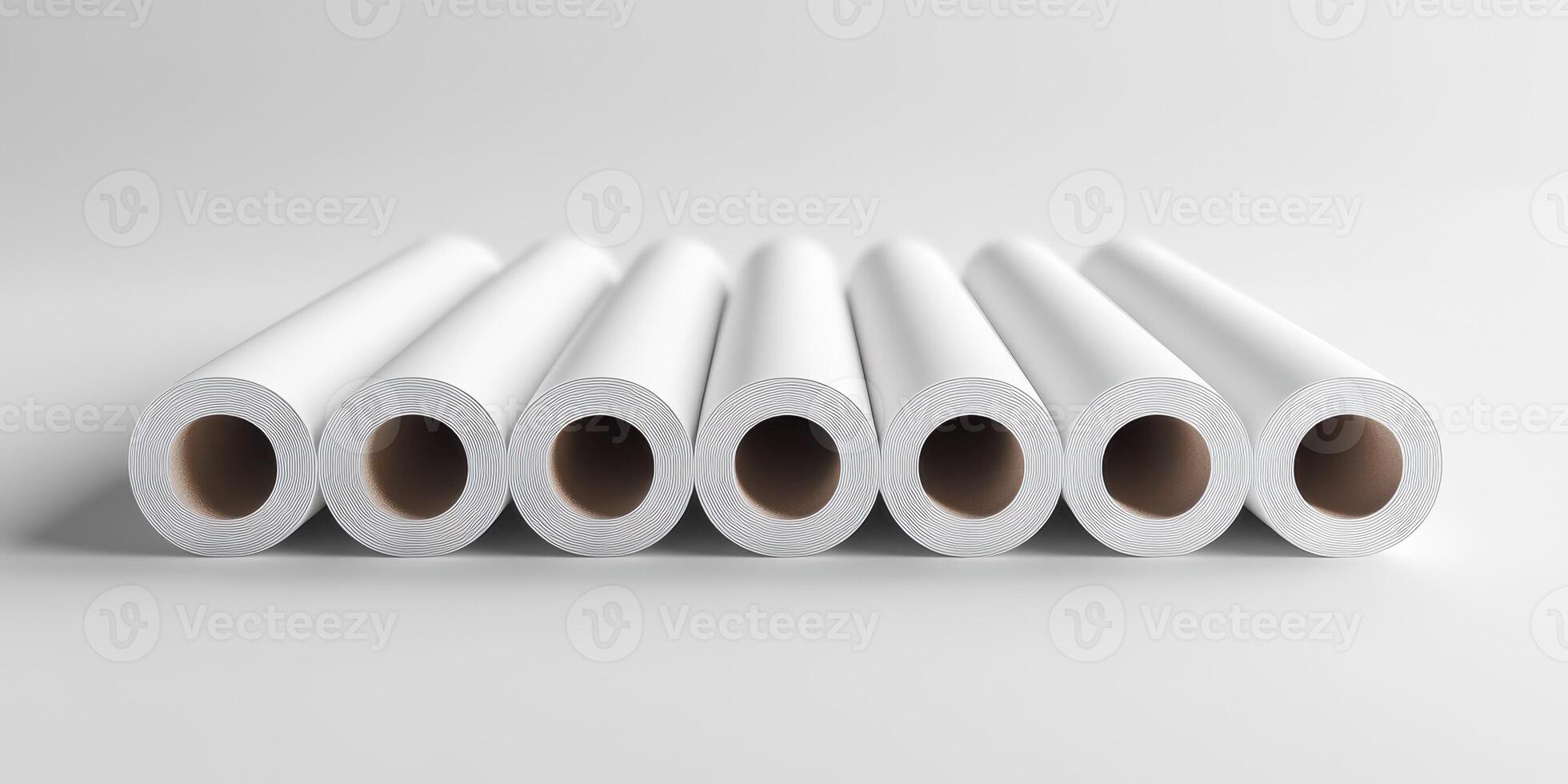 Multiple rolls of blank paper arranged neatly in a row against a white background for various artistic and printing purposes photo