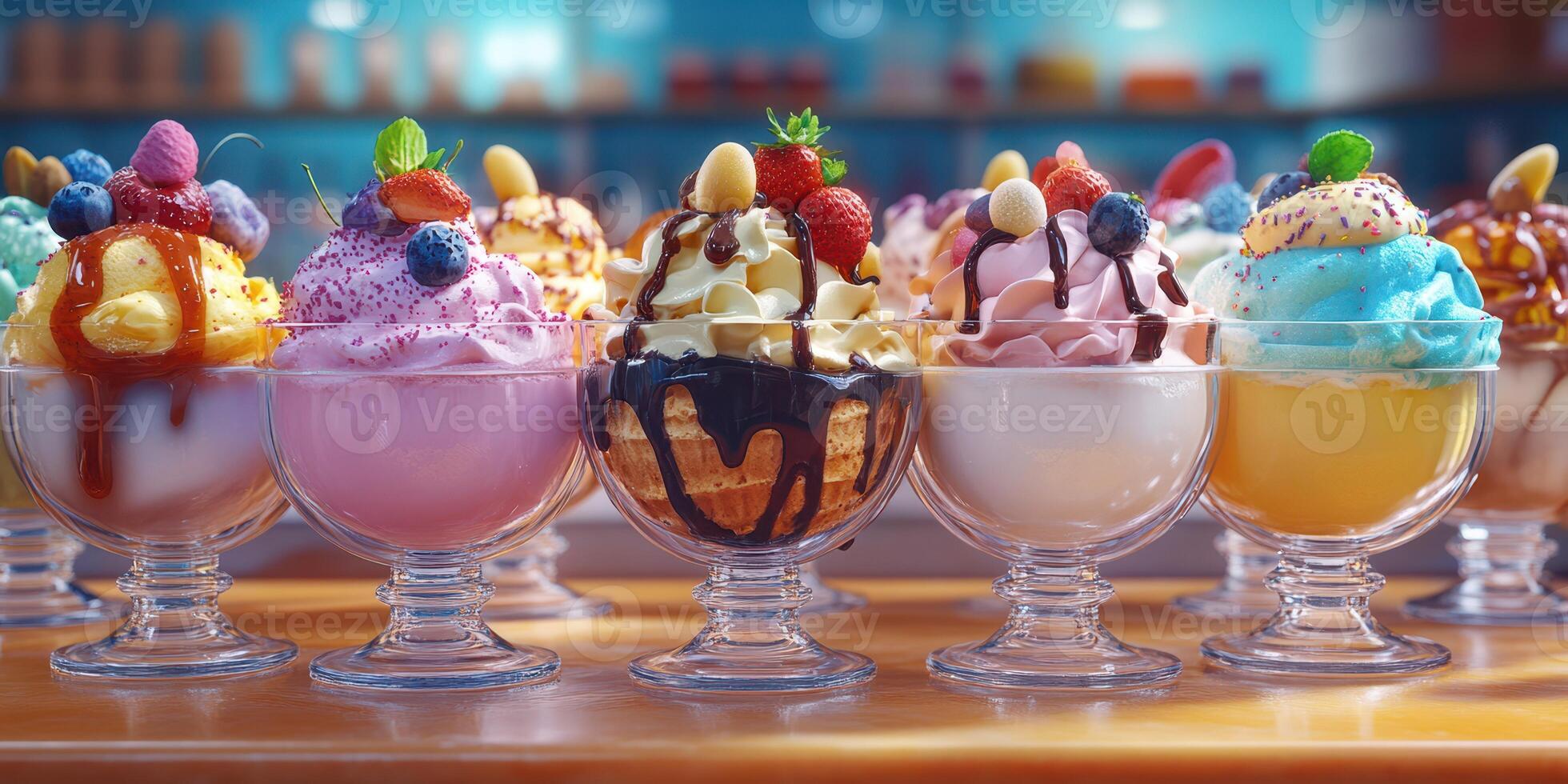 Colorful ice cream sundaes displayed in a dessert shop with various toppings and flavors photo