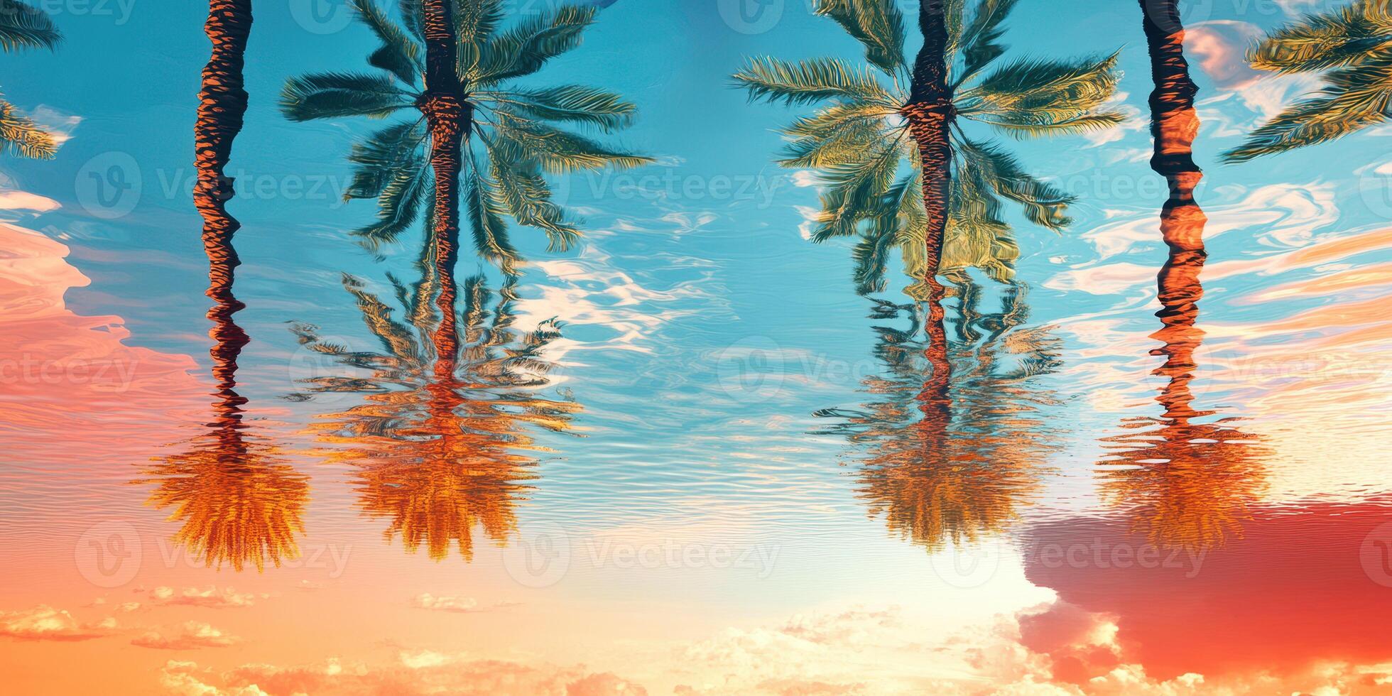 Reflections of palm trees in calm water at sunset creating a serene tropical atmosphere photo