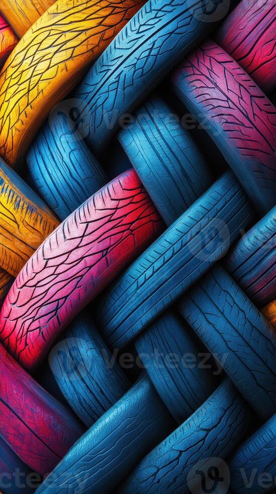 Vibrant colors intertwine in a textured display of woven rubber tires showcasing art and creativity photo