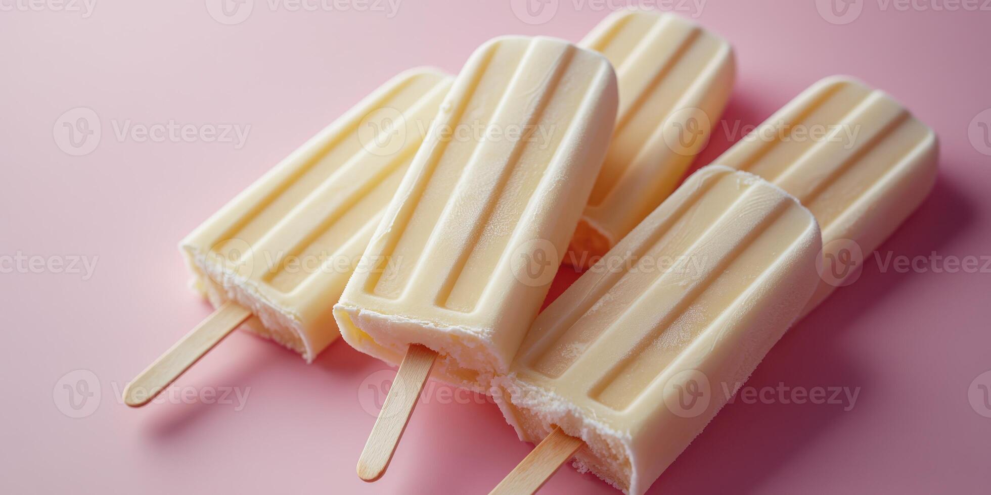 Creamy popsicles with a smooth texture resting on a pink background in a sunny setting photo