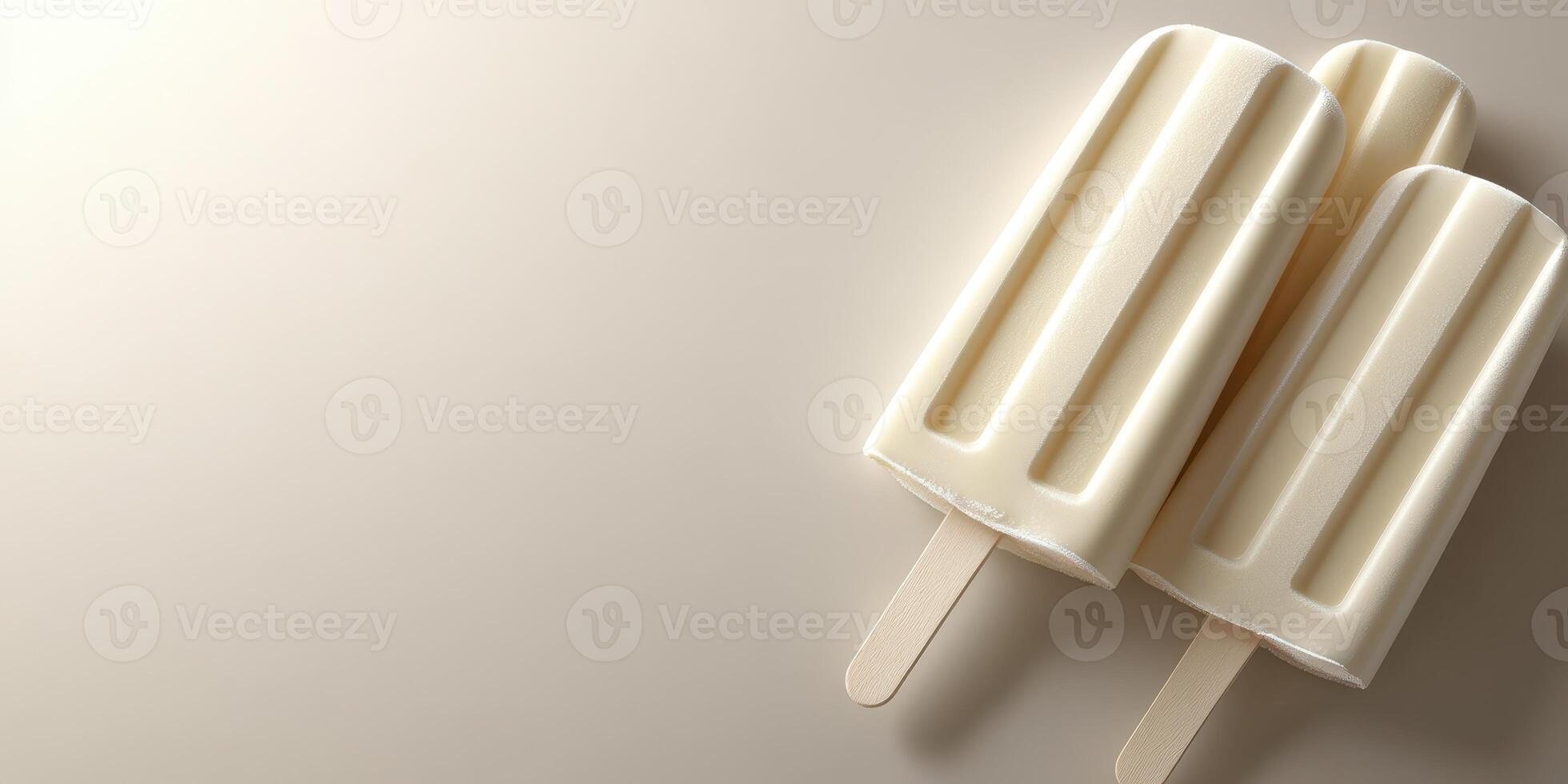 Creamy vanilla ice cream popsicles placed artfully on a neutral background during a warm summer afternoon photo