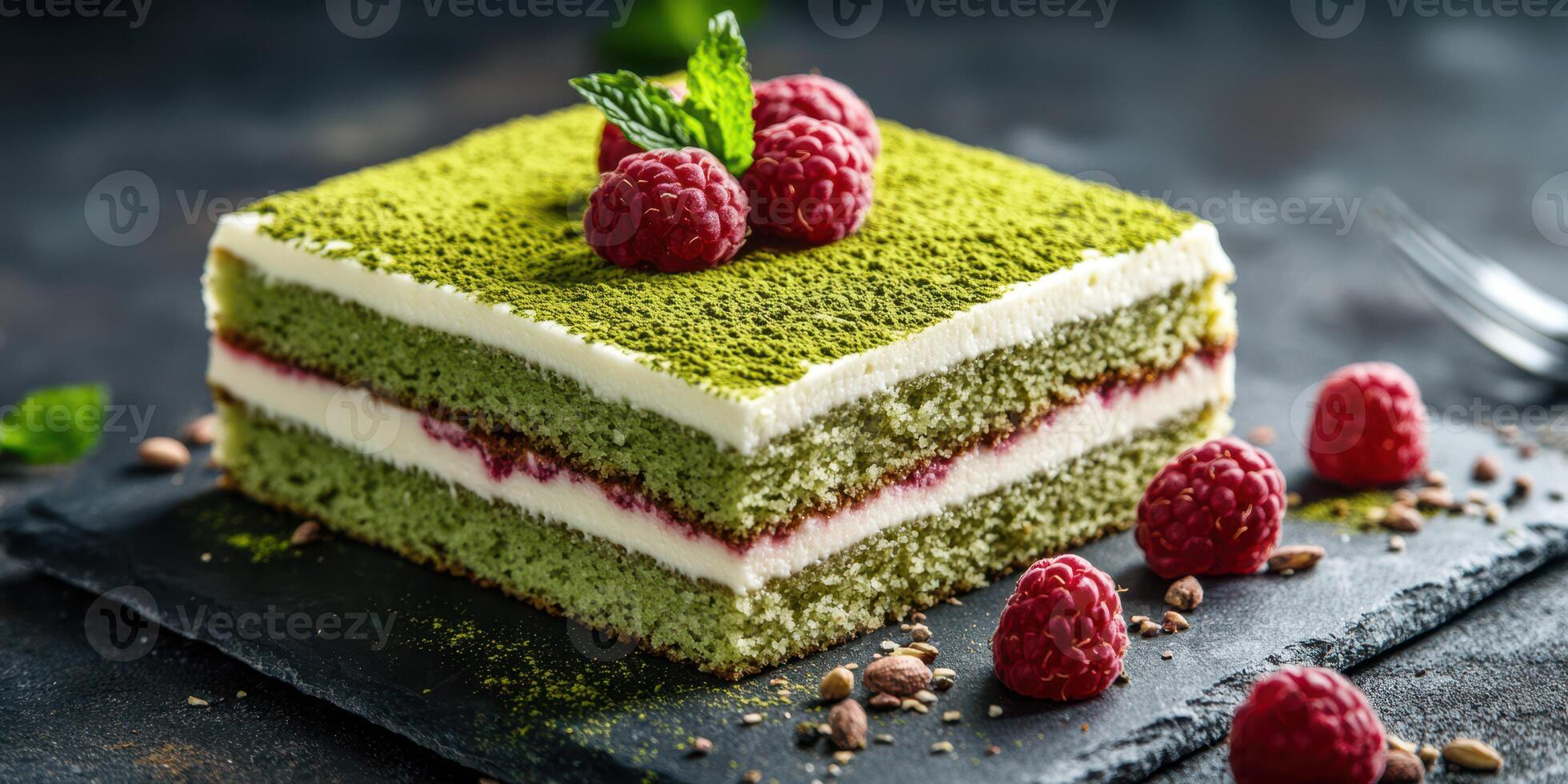 Delicious layered matcha cake with raspberries and mint garnishment on a dark slate plate photo