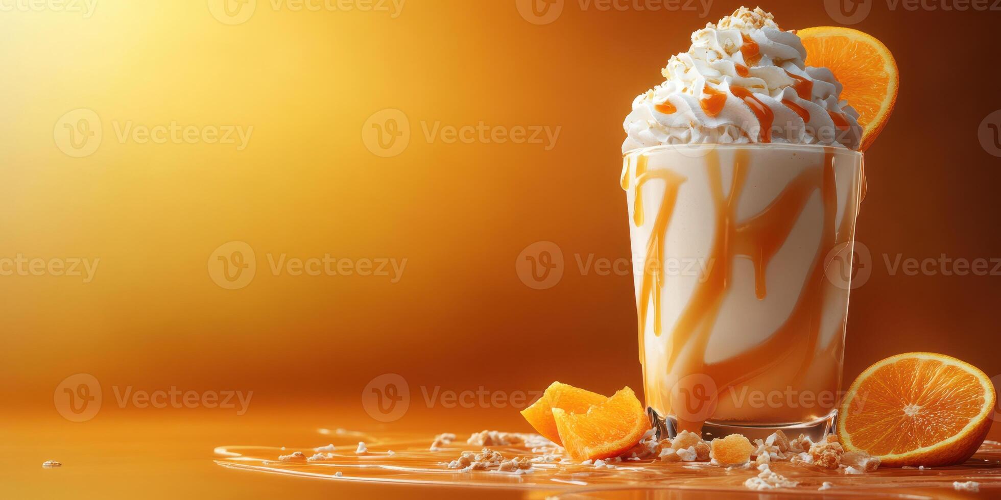 Creamy dessert drink topped with orange slices and whipped cream on a golden backdrop photo