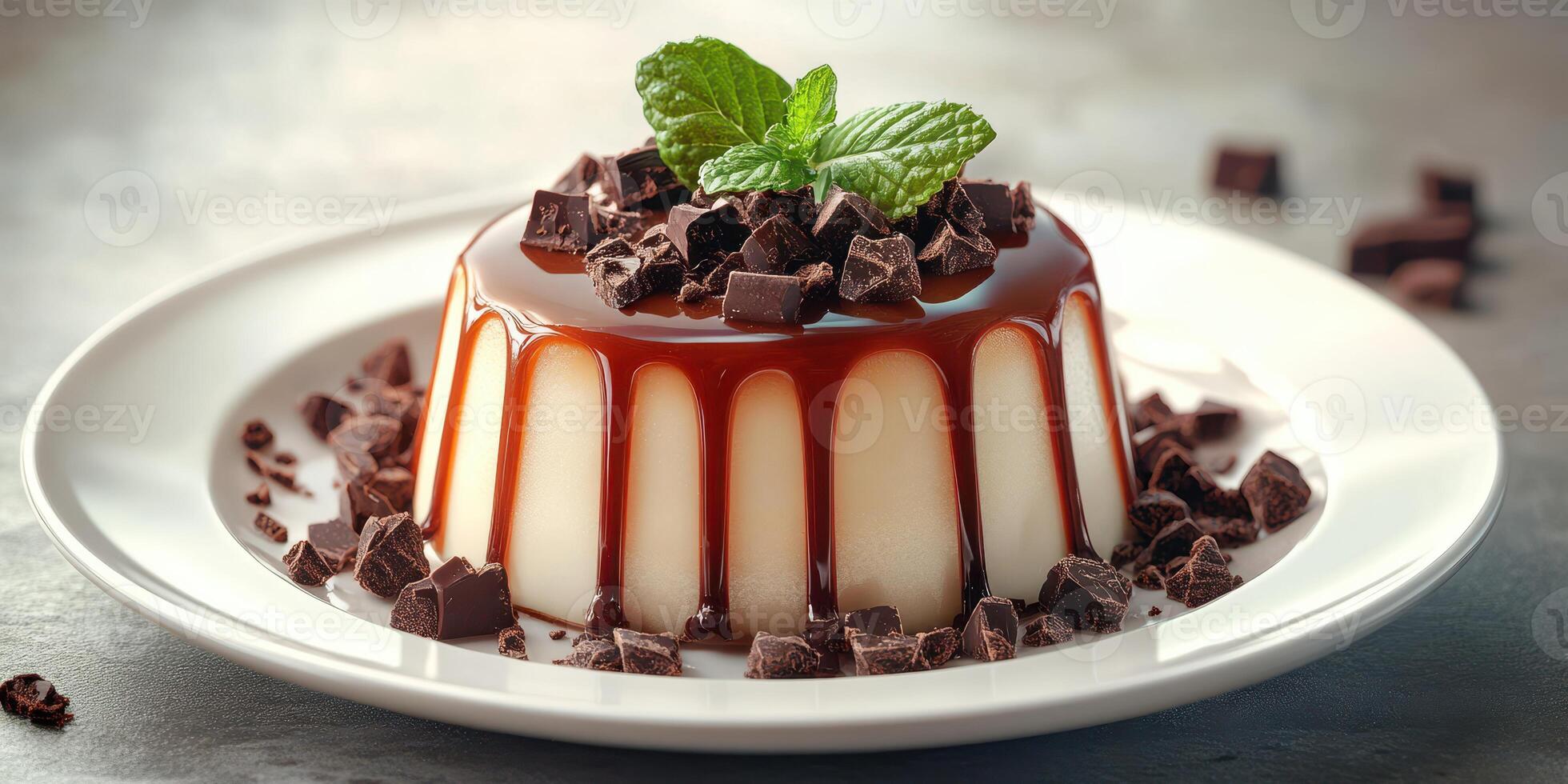 Delicious dessert featuring creamy panna cotta topped with rich chocolate chunks and mint garnish on a white plate photo