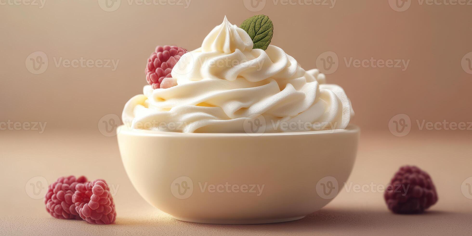 Whipped cream topped with fresh raspberries in a simple bowl on a neutral background photo