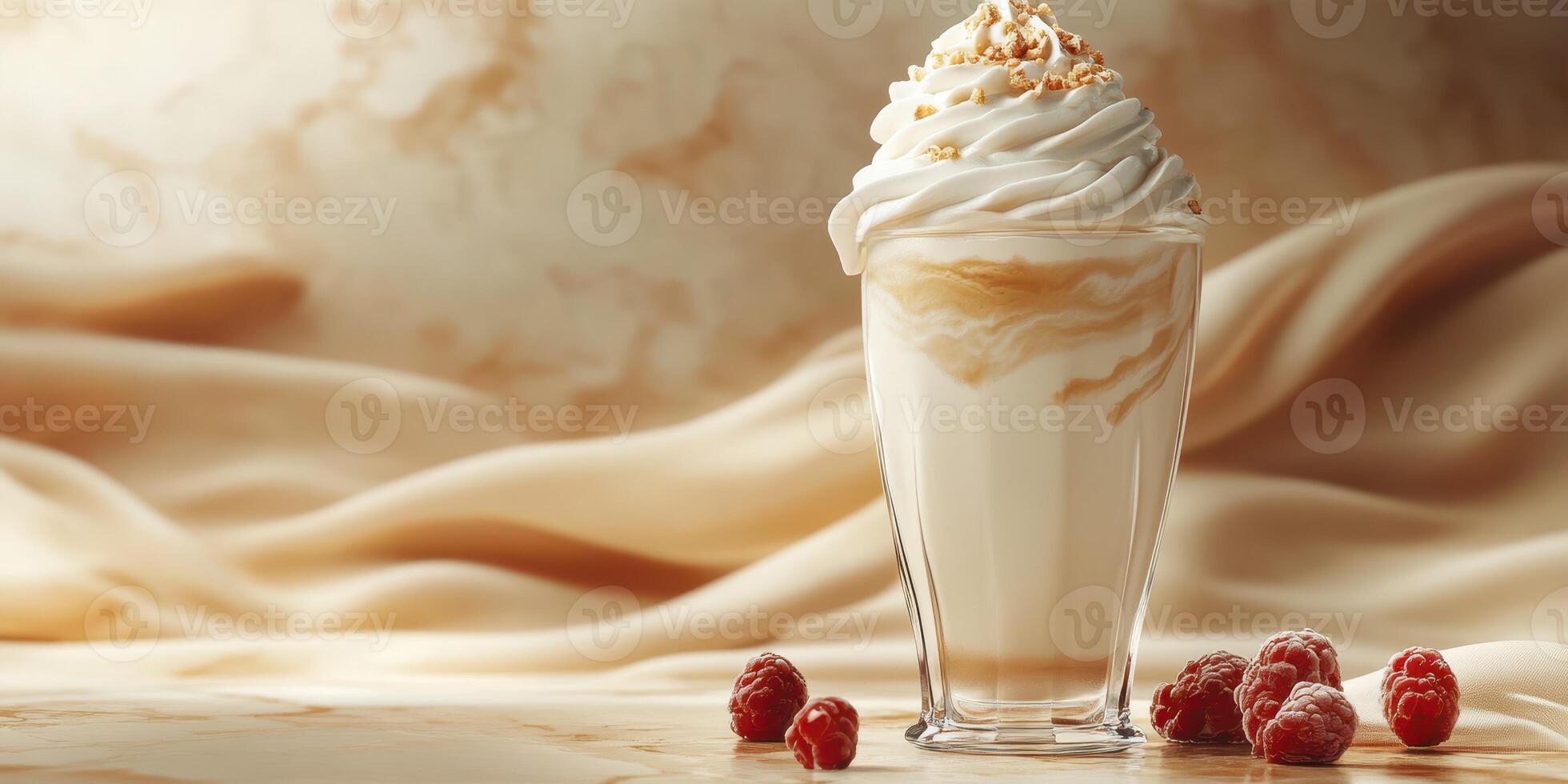Creamy dessert with swirls presented in a clear glass, garnished with nuts and berries on a soft background photo