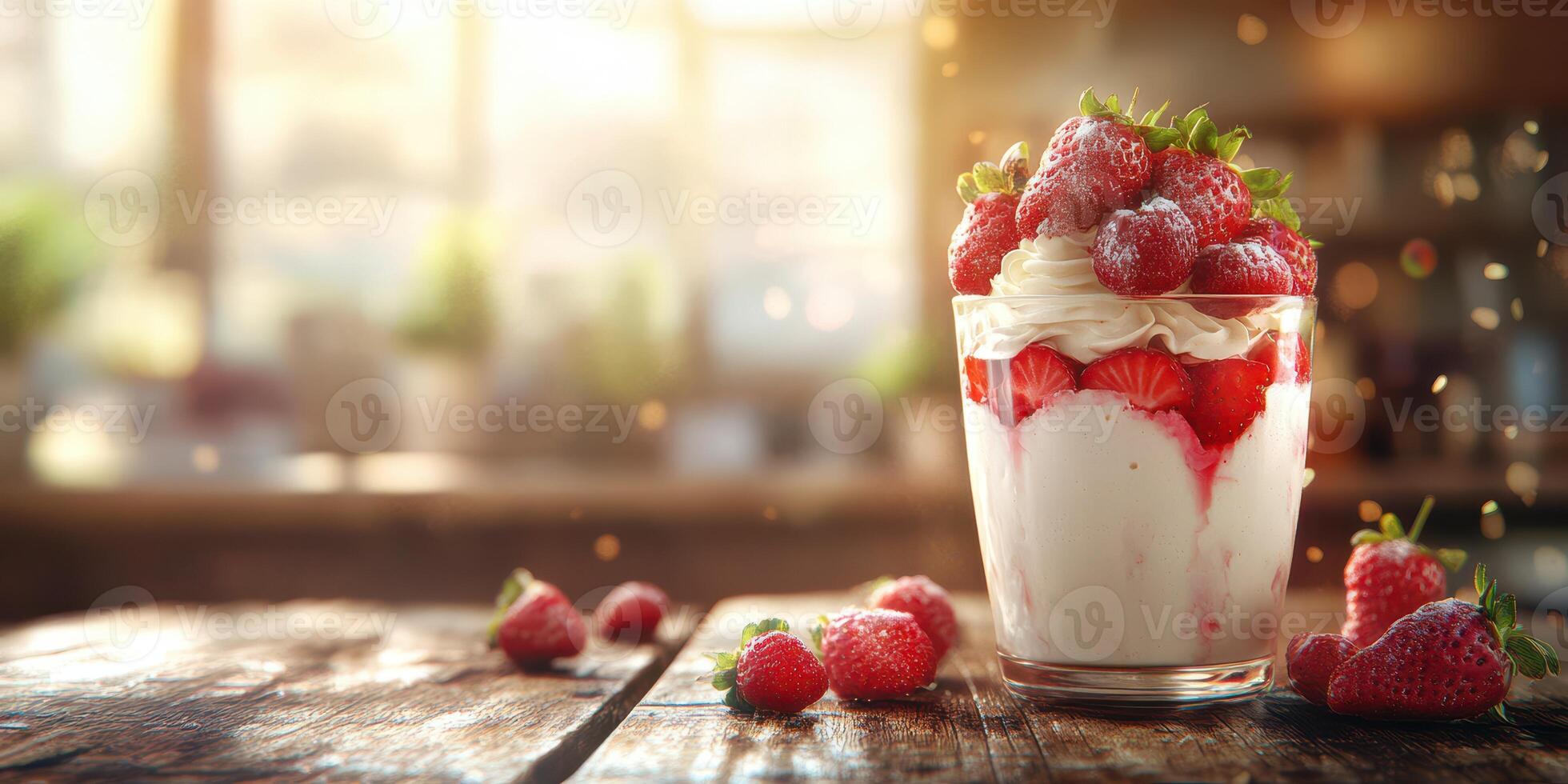 Delicious strawberry parfait with whipped cream served in a glass on a rustic wooden table during golden hour photo