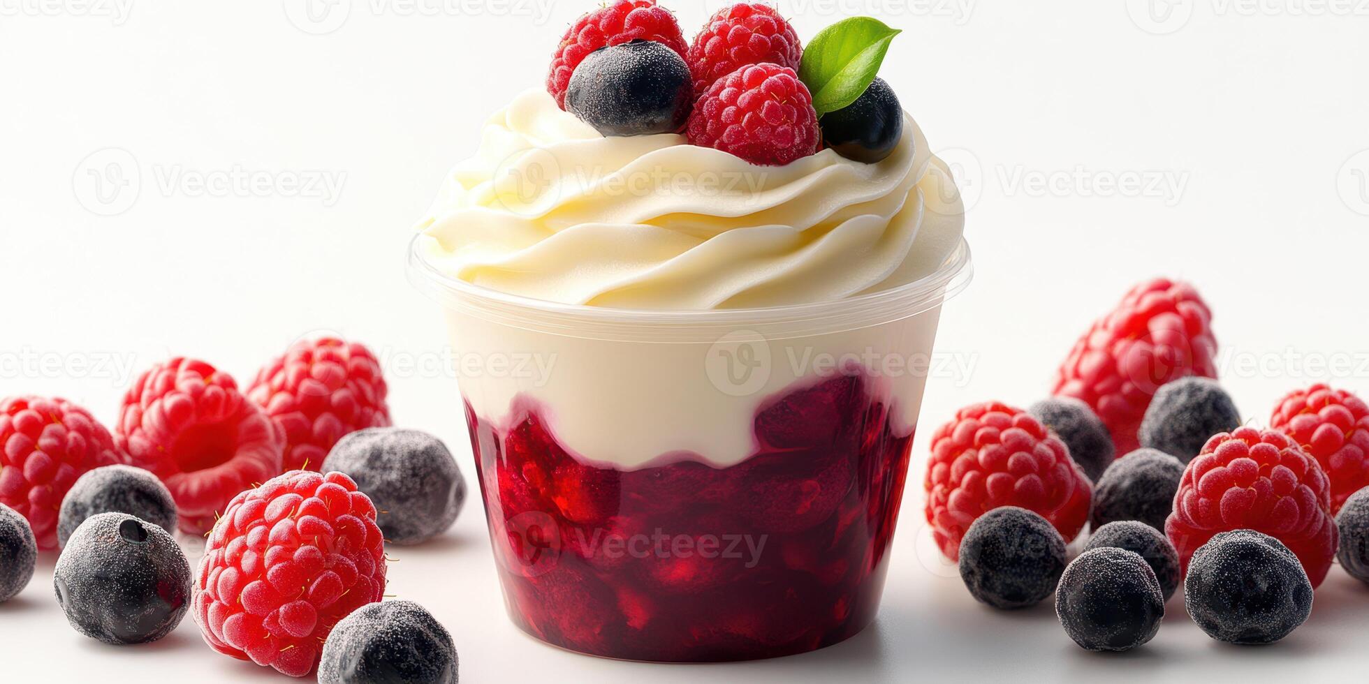 Delicious dessert with creamy layers and fresh berries served in a clear cup at a cafe setting photo