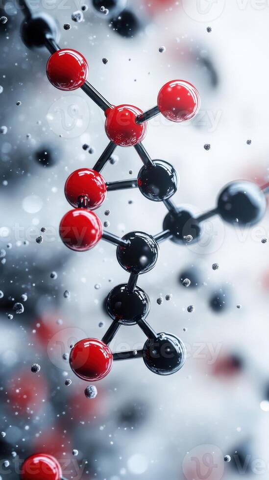 3D representation of a molecular structure with vibrant red, black, and white spheres in focus photo