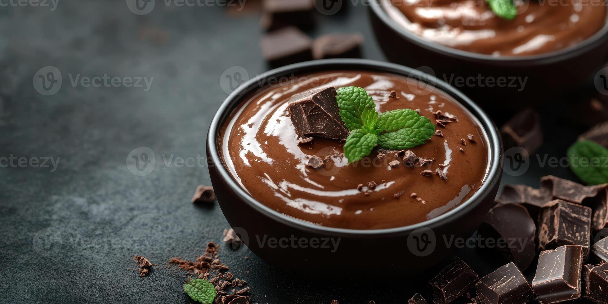Decadent chocolate mousse in bowls garnished with mint leaves and dark chocolate on a dark surface photo