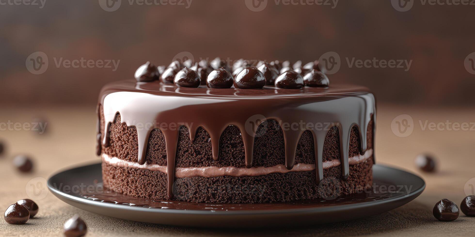 Delicious chocolate cake with glossy ganache and chocolate pearls on a dark plate against a rustic background photo