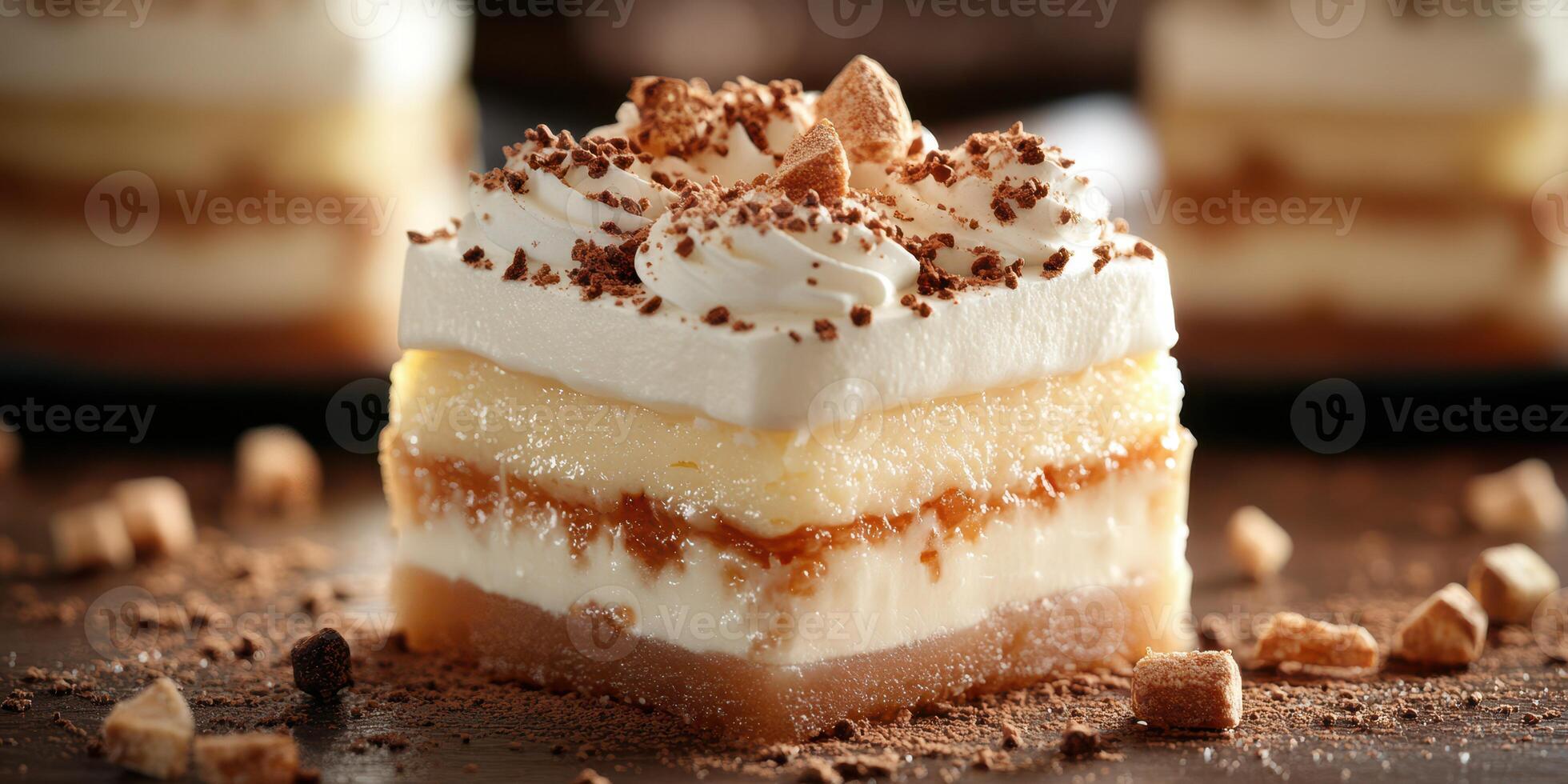 Delicious layered dessert with whipped cream and chocolate shavings arranged on a dark surface photo
