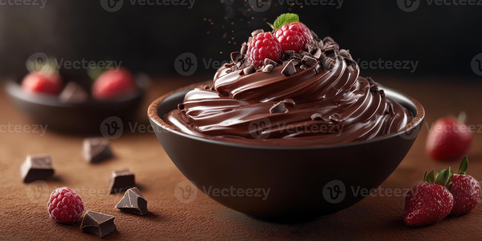 Delicious chocolate mousse topped with fresh raspberries and chocolate shavings in a cozy setting photo