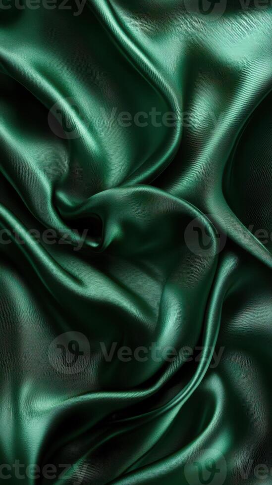 Elegant dark green silk fabric draped in a flowing pattern showcasing luxurious texture and sheen photo