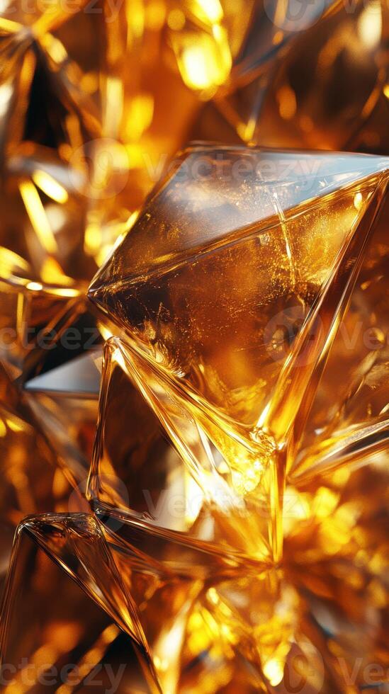 Intricate geometric shapes made from translucent amber material reflecting light in a mesmerizing display of clarity photo
