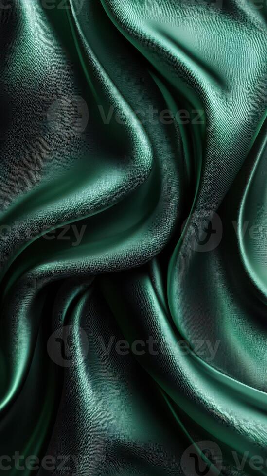 Shimmering dark green satin fabric draped elegantly in soft folds capturing light at a close perspective photo