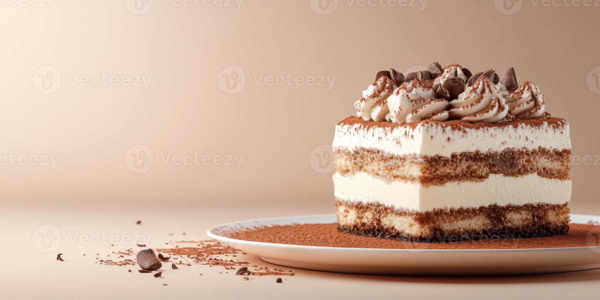 Delectable chocolate dessert layered with cream and topped with chocolate shavings on a neutral background photo