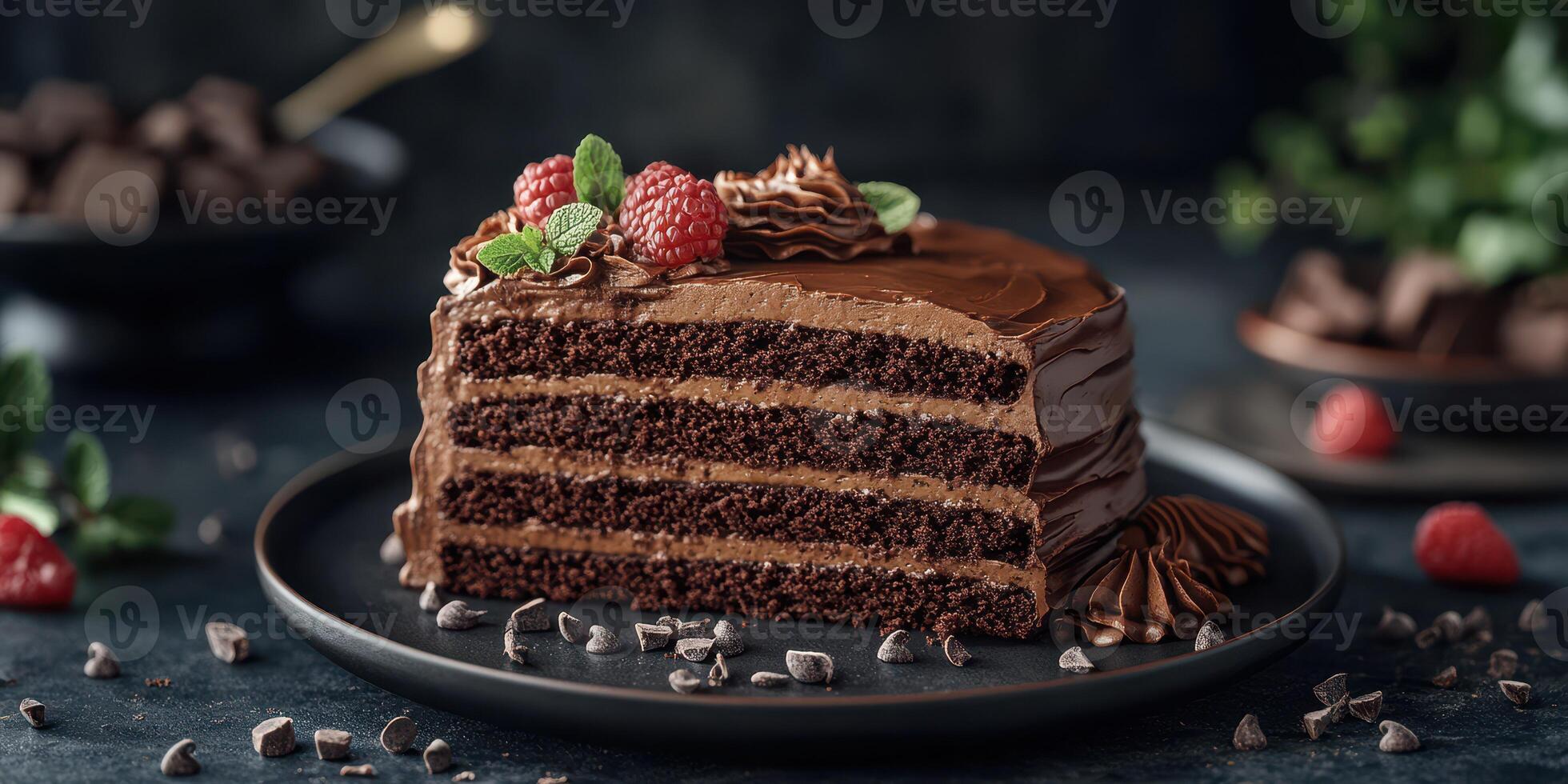 Decadent chocolate layer cake with raspberries and mint on a dark table setting photo