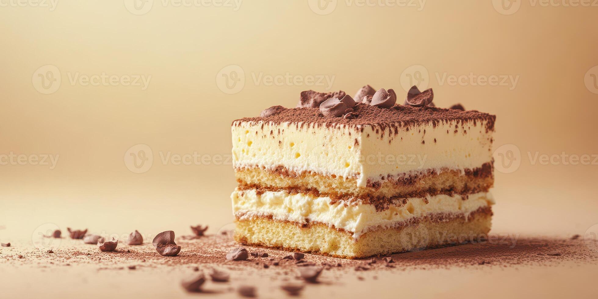 Delicious classic dessert featuring layers of cream, sponge cake, and cocoa on a soft backdrop photo