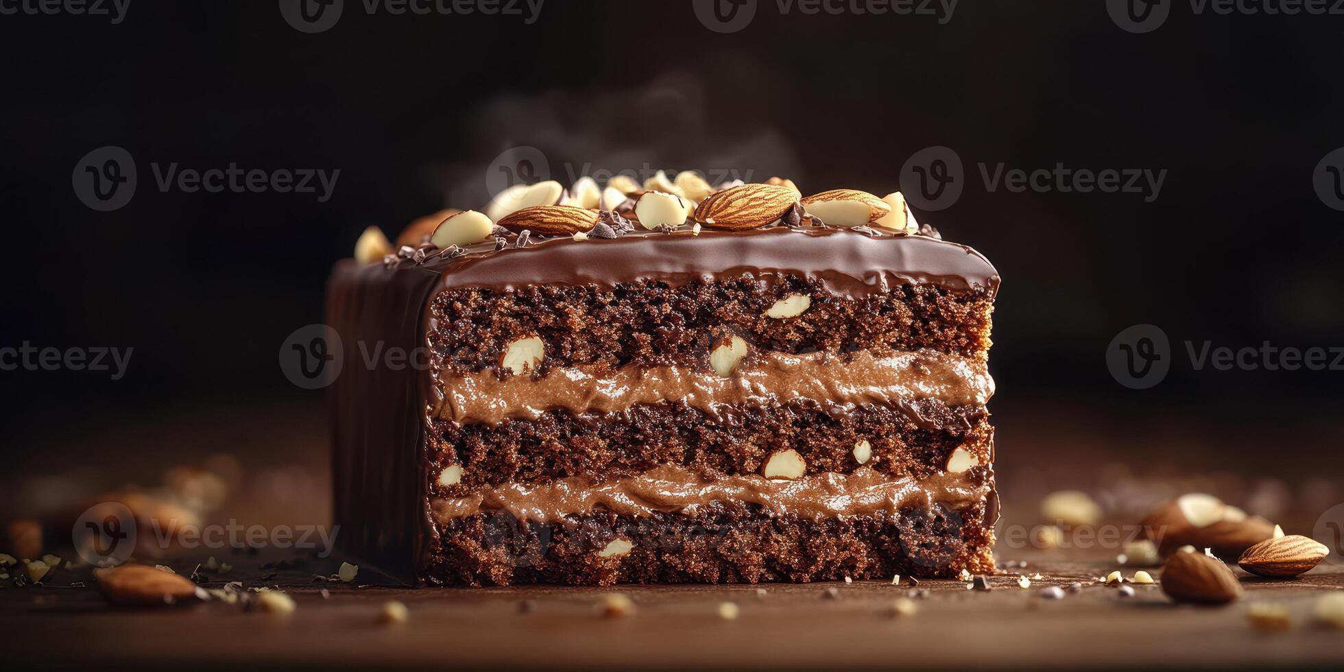 Rich chocolate cake layered with creamy filling and topped with nuts on a wooden table photo